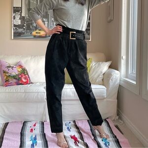 Black suede high waisted pleat front tapered pants